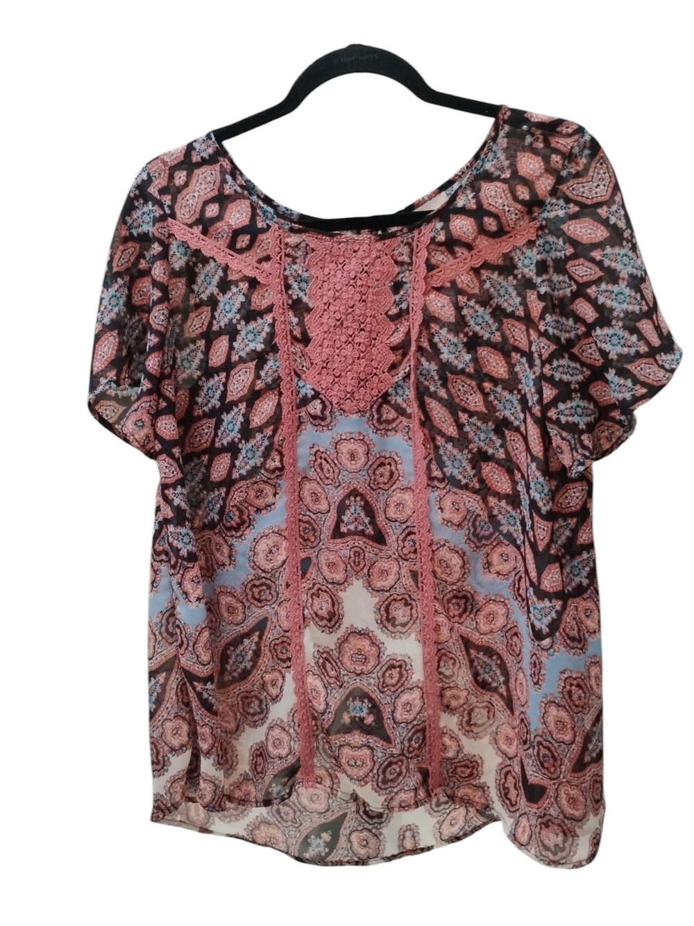 Knox Rose Pink , Light Blue Black Crochet Yoke Boho Blouse SZ M